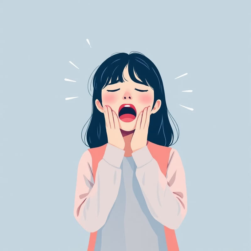 A tired girl yawning with her hands on her cheeks